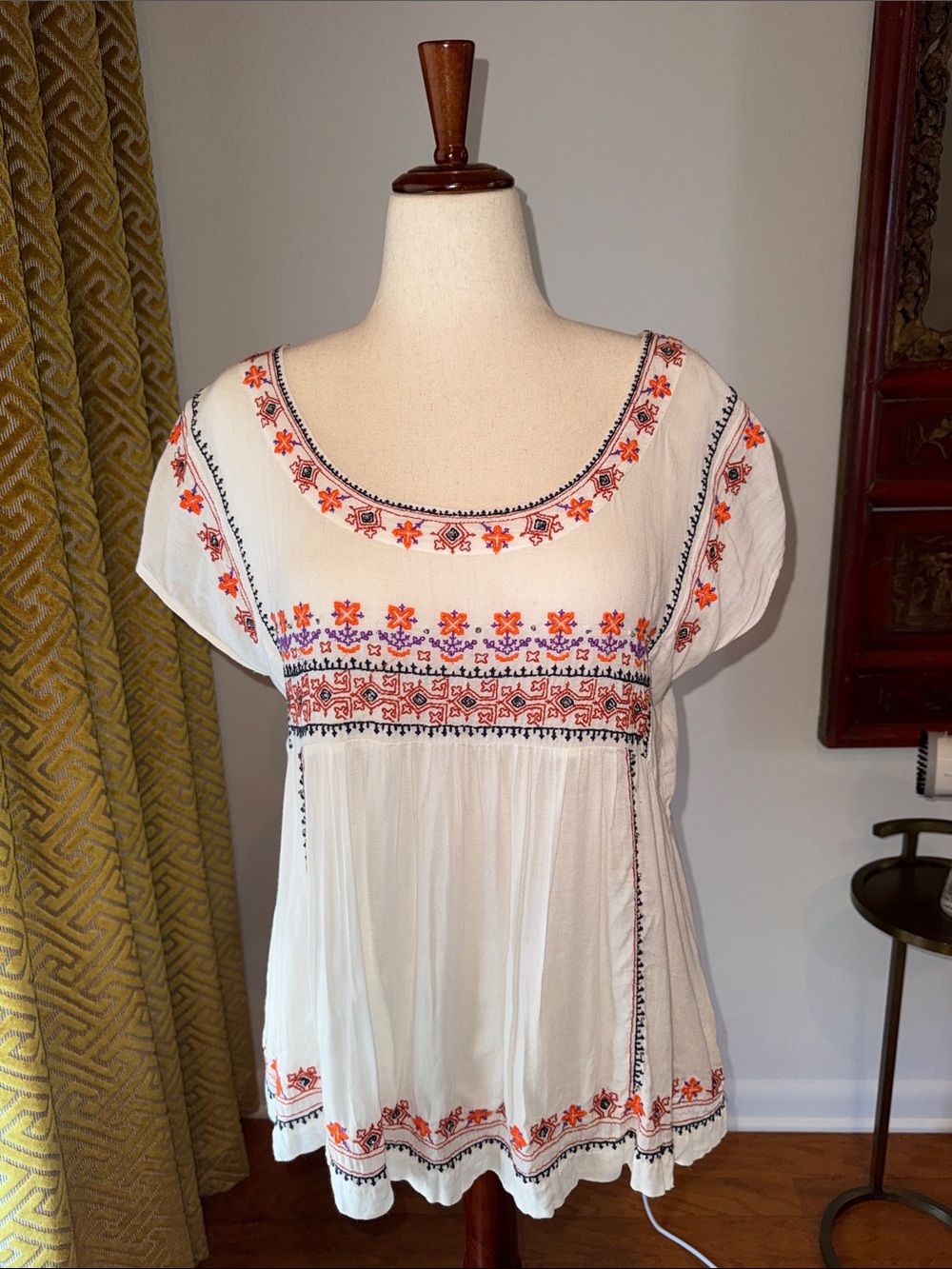 White Embroidered Peasant Tunic with Orange & Navy Accents